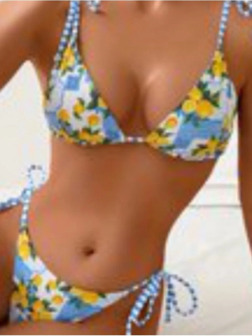 Floral Triangle String Bikini - Yellow & Blue